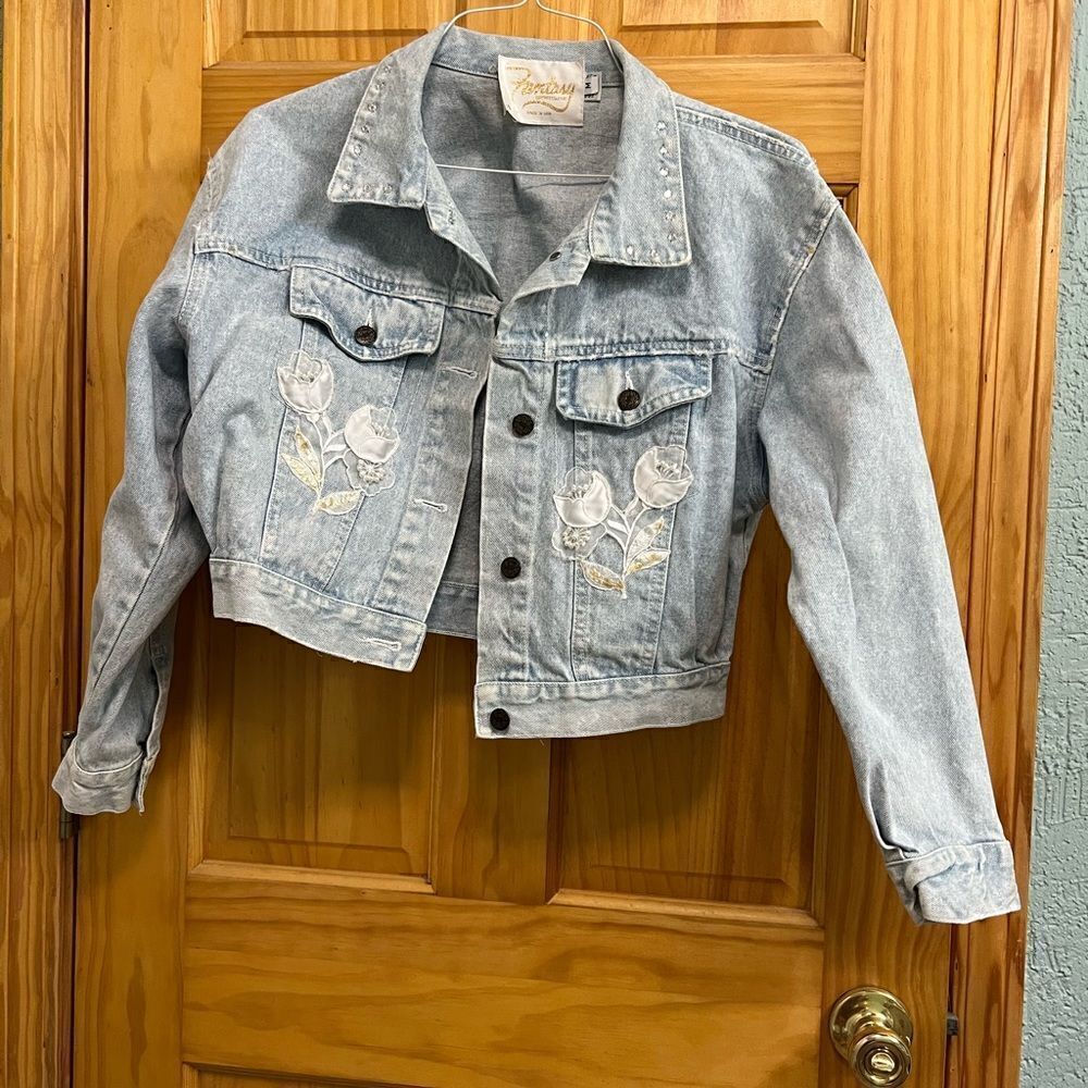 Fantasy brand size M rhinestones, bead, and embroidery embellished jean jacket
